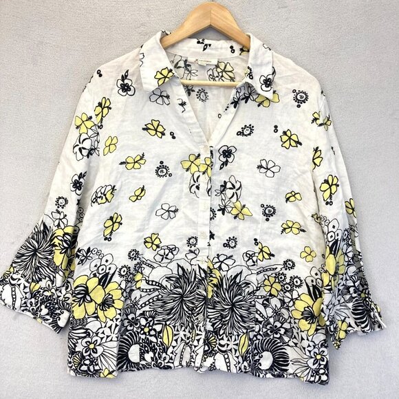 JM Collection 100% Linen Button Up Blouse 18 White Floral A-Line Western Summer - Picture 1 of 10